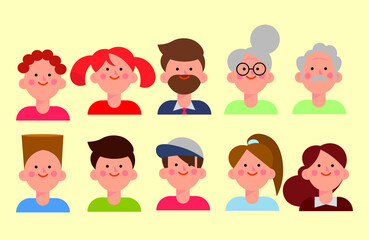 Set of Family Avatars. Faces of males and females different ages. Flat style vector illustration isolated on yellow background.