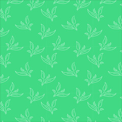 A simple and elegant seamless pattern of hand drawn white outline of leaves in green background