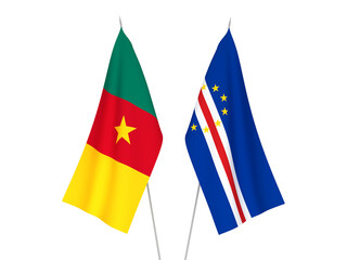 National fabric flags of Republic of Cabo Verde and Cameroon isolated on white background. 3d rendering illustration.