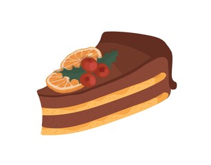 Chocolate cake with oranges and red berries. Party, Christmas, New Year. Vector isolated colorful element on a white background. 