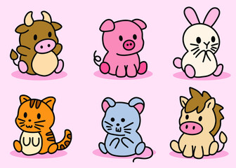 Cute Animal Set Cow, Pig, Rabbit, Cat, Mouse, Horse Line Art cartoon 