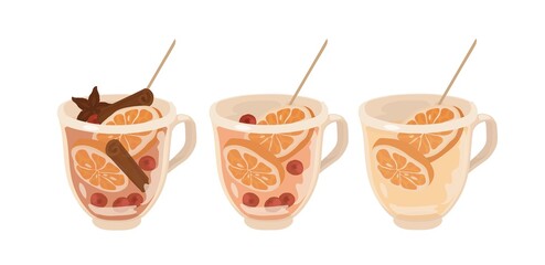 Glass mug. Hot fruit tea with spices for immunity. Antiflu. Oranges, red berries. Spices, cinnamon. Vector isolated colorful illustration on a white background. 