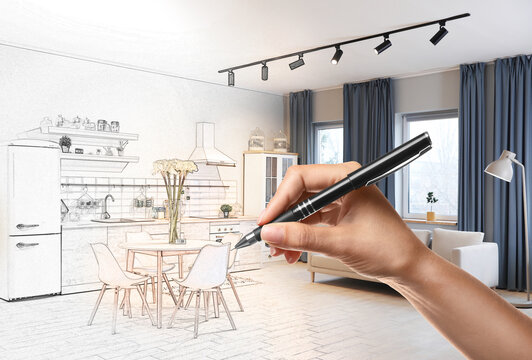 Woman drawing kitchen interior, closeup. Combination of photo and sketch