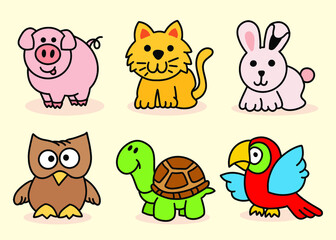 Cute Animal Set Pig, Cat, Rabbit, Owl, Turtle, Bird Line Art cartoon 