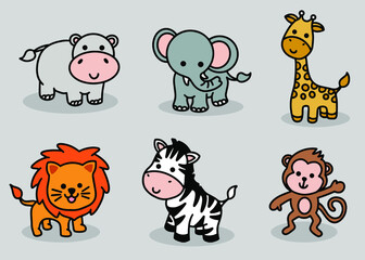 Cute Animal Set Hippo, Elephant, Giraffe, Lion, Zebra, Monkey Line Art cartoon 