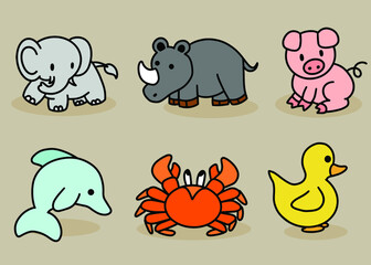 Cute Animal Set Elephant, Elephant, rhinoceros, Pig, Dolphin, Crab, Duck Line Art cartoon 