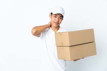 Delivery Chinese man isolated on white background laughing