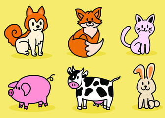 Cute Animal Set Dog Shiba, Fox, Cat, Pig, Cow, Rabbit Line Art cartoon 