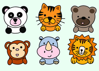 Cute Animal Set Panda, Tiger, Bear, Monkey, Rhino, Lion Line Art cartoon 