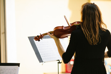 Back view brunette woman student violinist practice playing musical instrument in class with music...