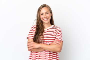 Young caucasian woman isolated on white background keeping the arms crossed in frontal position