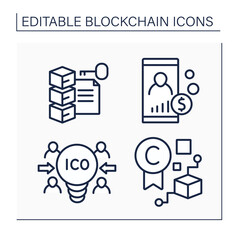 Fototapeta na wymiar Blockchain line icons set. Cryptocurrency services. ICO idea, account balance, digital key, file storage. Digital asset. Isolated vector illustrations. Editable stroke