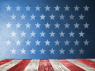 4th of July - USA Independence Day. Red and white striped wooden surface on blue background with stars, space for design