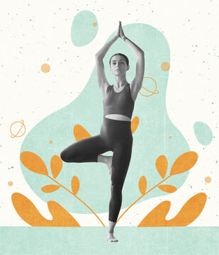 Contemporary art collage of young woman standing in tree yoga pose isolated over white background with drawn elements