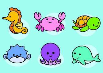 Set Cute Animal Sea Fish Ocean Cartoon Fish, Sea Horse, Crab, Turtle, Puffer, Squid, Octopus, Whale Fish Collection illustration