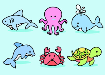 Set Cute Animal Sea Fish Ocean Cartoon Fish, Shark, Crab, Turtle, Puffer, Squid, Octopus, Whale, Dolphin Fish Collection illustration