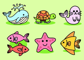Set Cute Animal Sea Fish Ocean Cartoon Fish, Seals , Starfish, Turtle, Penguin, Fish Collection illustration