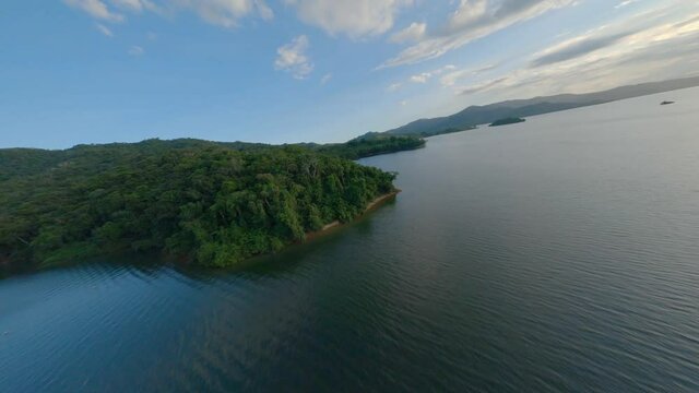 Aerial drone fpv over Hatillo dam in Dominican Republic