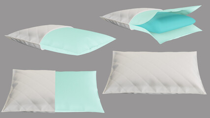 3d illustration of the inner part of the composition of the pillow with layers of foam, a layer of polyurethane foam, inserts, a cut on the side of the cover and the whole pillow - obrazy, fototapety, plakaty