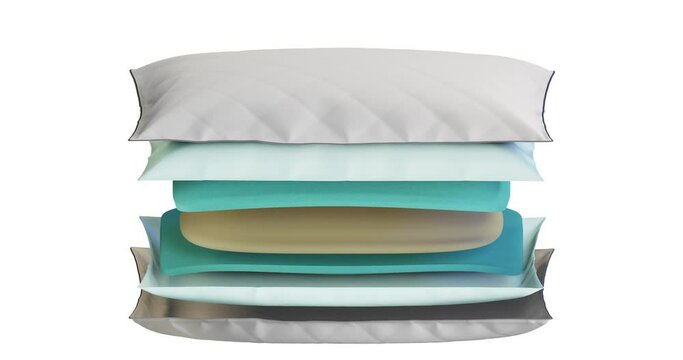 3d animation rendering of the inner part of the pillow composition with foam layers, polyurethane foam layer, inserts, rectangular section on the front side of the cover