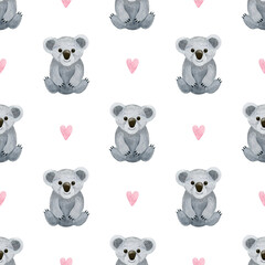 Lovely watercolor koala and pink hearts seamless pattern. Cute hand-drawn animals on a white background. Kids wallpaper and textile design. Furry gray marsupial bear baby. Minimal wrapping paper print