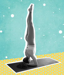 Contemporary art collage of young girl standing on head, practising yoga exercises isolated over...