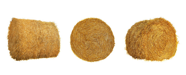 Set with dried straw bales on white background. Banner design