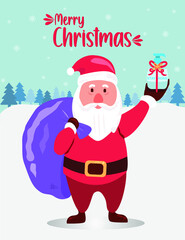 Vector illustration of santa claus approaching us with a bag or sack of gifts and holding a gift box wrapped in his hands in Christmas time and wishing us merry christmas. 