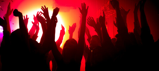 Photo of modern carefree silhouette bachelors fellows have anniversary prom celebration raise hands...