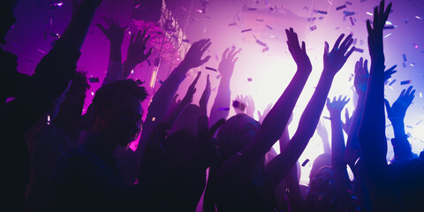 Photo of carefree millennials fans buddy enjoy famous rock star show dance raise hands up on neon...