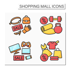 Shopping mall color icon. Leather accessories, fashion boutique, electrical store. Sports shop. Mall complex concept. Isolated vector illustration