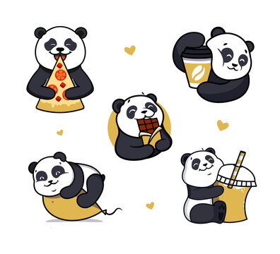 The Set Of Pandas Hugging Food Is Good For Hug Day, Stickers. The Logo Animals Are Love Pizza, Balloon, Chocolate, Cocktail, Coffee Is Good For Holiday Designs. The Vector Illustration