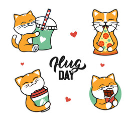 The set of cats hugging food is good for hug day, stickers. The logo kittens are love pizza, chocolate, cocktail, coffee is good for holiday designs. The vector illustration