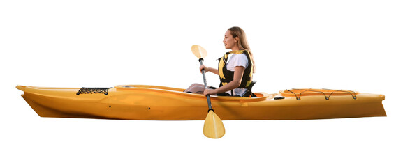 Beautiful young woman with paddle in kayak on white background - obrazy, fototapety, plakaty