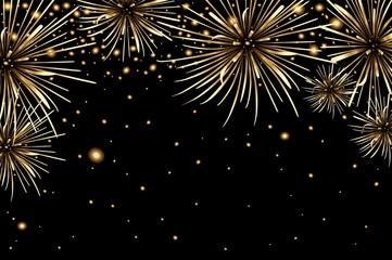Fireworks are golden on a black background. A banner with festive fireworks. Vector