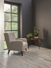 Corner room grey wall with windows style, sofa table chair and plant concept.