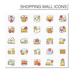 Shopping mall color icons set. Area containing shops and restaurants. Entertainment zone. Parking. Mall complex concept. Isolated vector illustrations