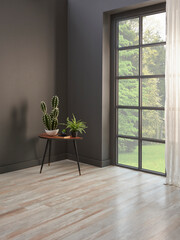 Corner room grey wall with windows style, sofa table chair and plant concept.