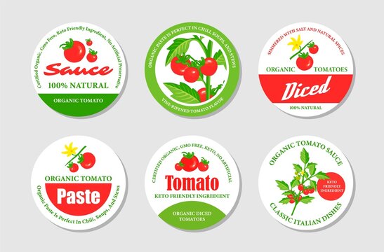 Collection circled organic tomato sticker labels vector illustration. Farm vegetables sauce badge