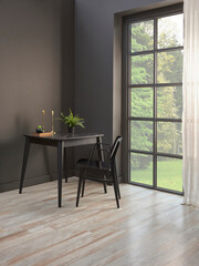 Corner room grey wall with windows style, sofa table chair and plant concept.