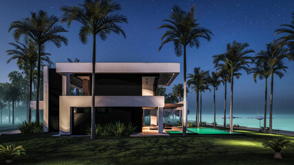 Fototapeta premium 3d rendering of modern cozy house with pool and parking for sale or rent in luxurious style by the sea or ocean. Starlight night by the azure coast with palm trees and flowers in tropical island