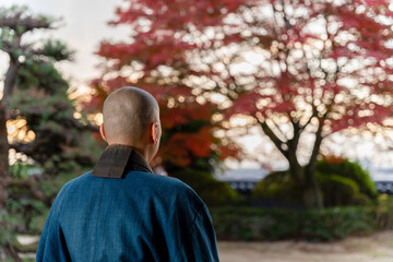 紅葉と座禅をする僧侶