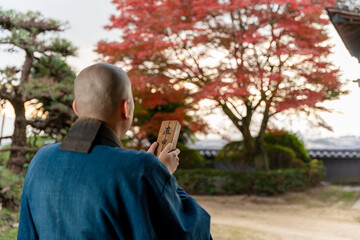 紅葉と座禅をする僧侶