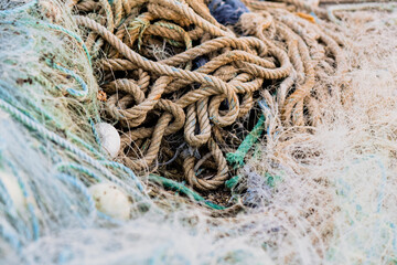 .Old fishing nets and lines for fishing.