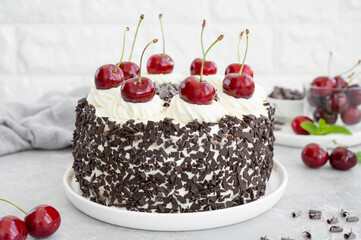 Black forest cake, Schwarzwald pie. Cake with dark chocolate, whipped cream and cherry on a gray concrete background. Copy space.