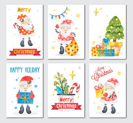New Year and Christmas cards for 2022. Funny and cute santa claus and christmas elements for decoration. Watercolor illustration