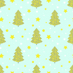 Tiger striped tree yellow and gray on a blue background with snow and stars. Seamless modern holiday pattern in flat style for textile industry, paper products. Vector.