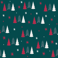 Cute and seamless christmas pattern with vector drawn elements. there are three trees that are red, white and green and decorated with small stars on a hunter background