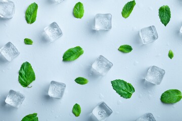 Top view of mint leaves with ice cubes and water drops on pastel background