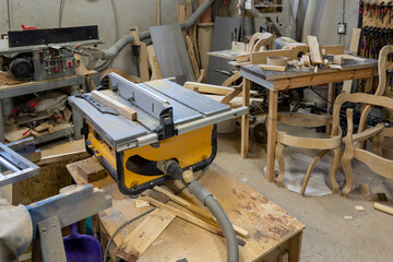Photo of a workshop for the manufacture of handmade wooden products. Production